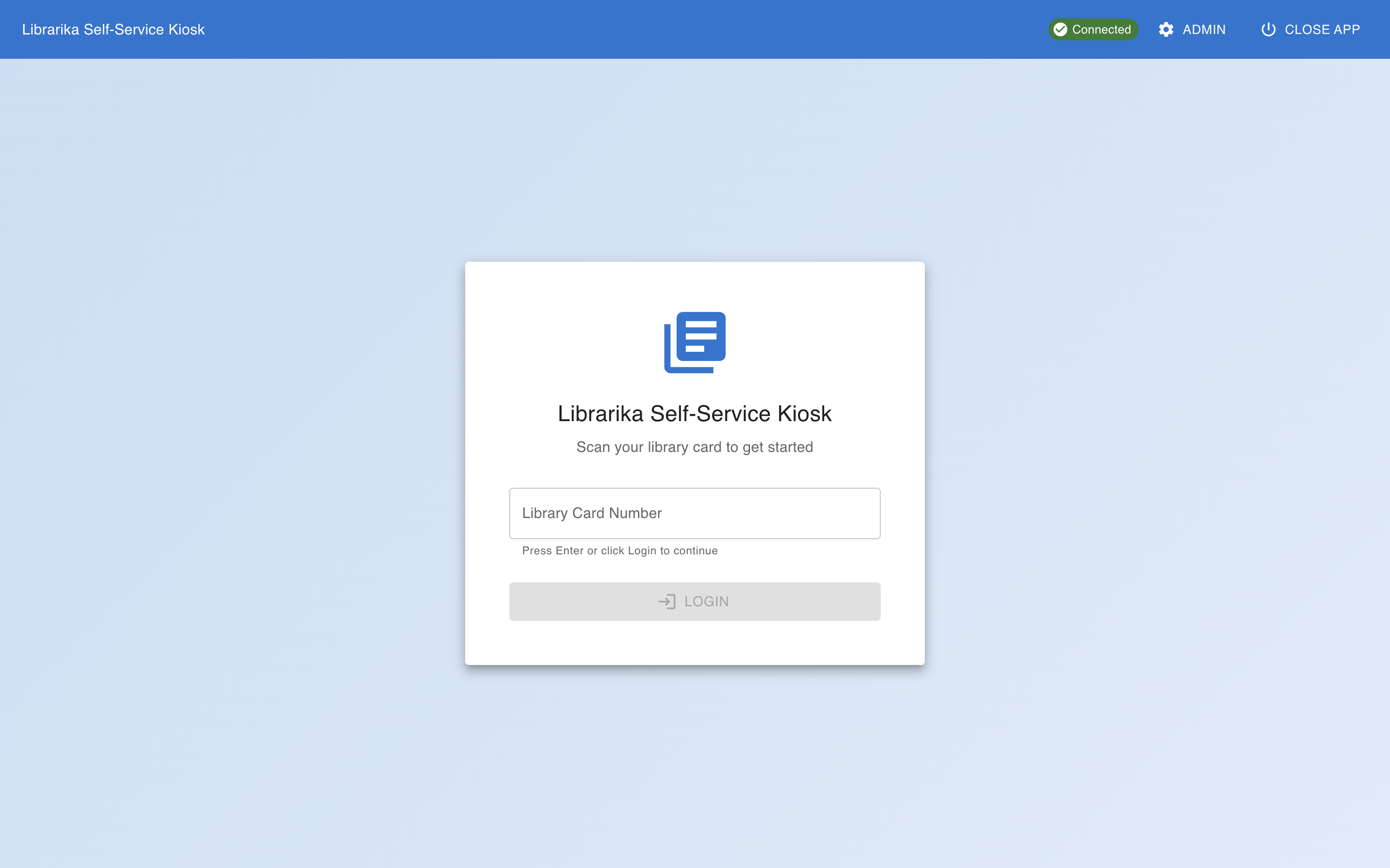 Librarika Kiosk — patron login screen