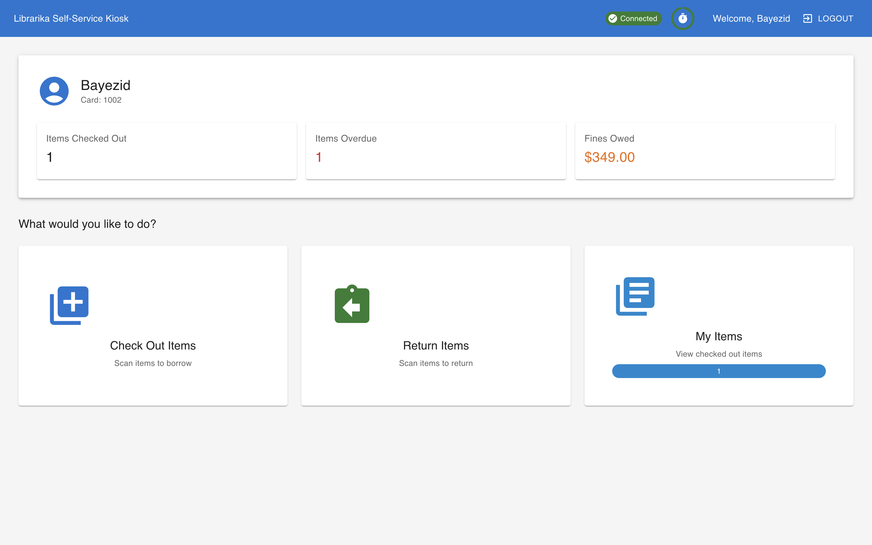 Patron dashboard with account summary