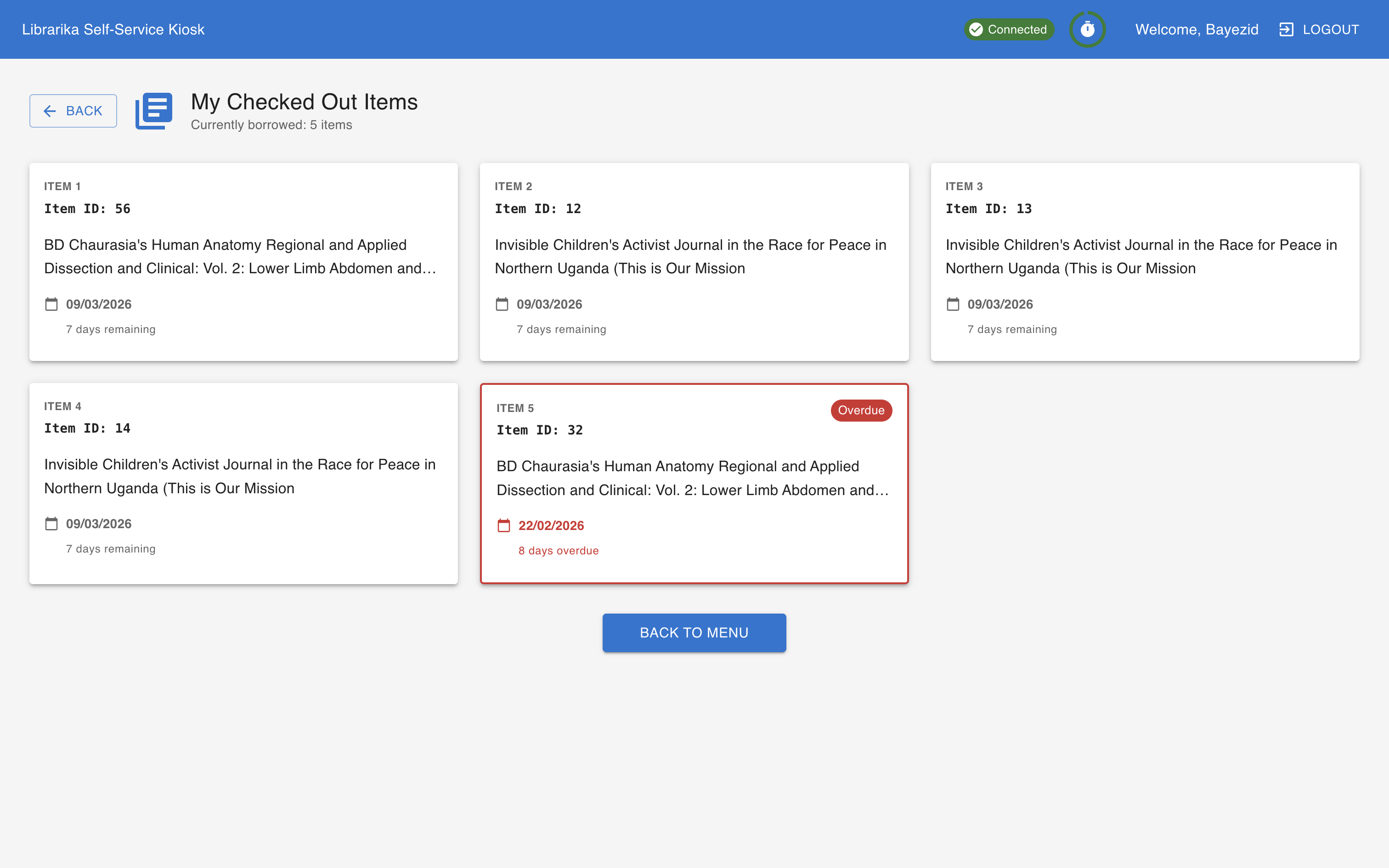 My items view showing checked-out items